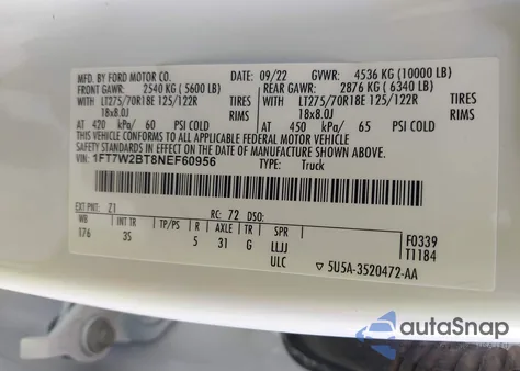 2022 Ford F-250 Xlt из США, поврежденный, VIN 1FT7W2BT8NEF60956